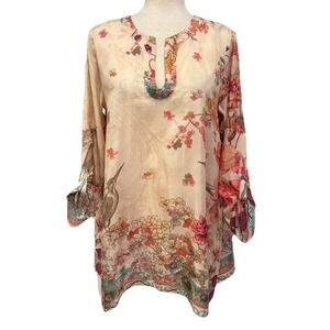 Johnny Was Boho Silk Top Roll Tab Sleeves Women's Small EUC